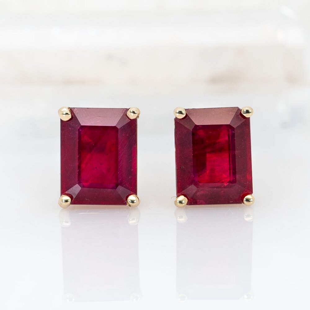 Emerald-Cut Ruby Solitaire Studs in Solid 14K Gold - Multiple Sizes Available
